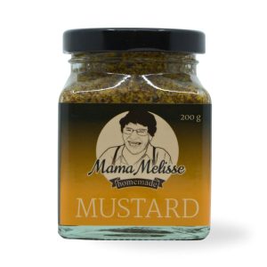 Beautifully presented jar of mum's mustard, featuring a bright yellow color and familiar label, ready for delicious dishes.