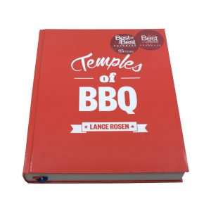 Cover of "Temples of BBQ," a cookbook showcasing delicious barbecue recipes and expert grilling tips.