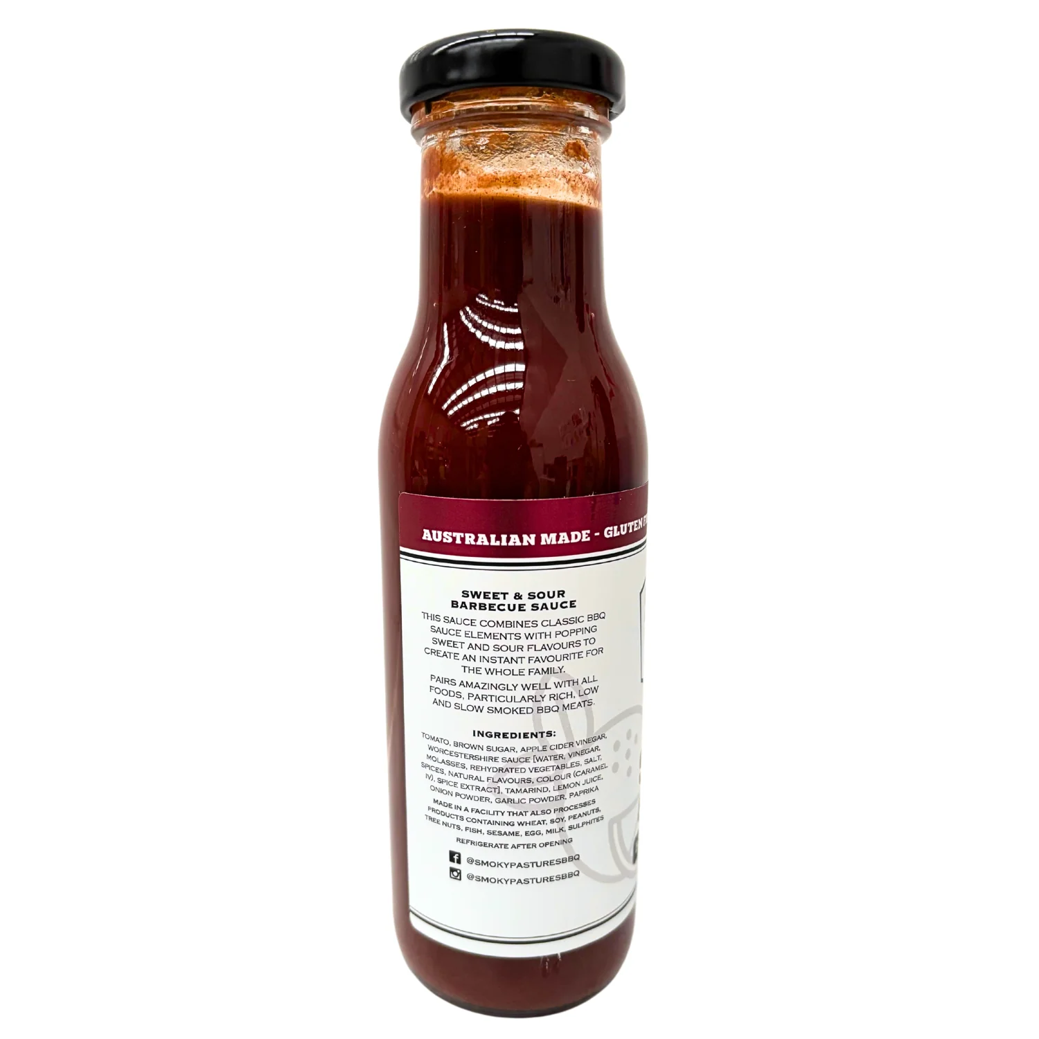 Side view of Smoky Pastures Sweet and Sour BBQ Sauce bottle